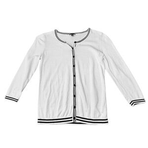 Talbots Button Up Cardigan White Black Stripe Trim Office Classic Women’s Sz XS